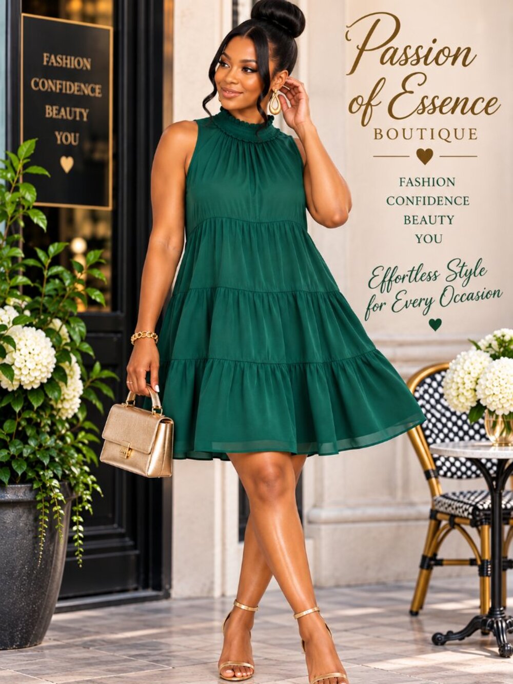 Emerald Green Tiered Ruffle Neck Swing Dress Rayon Size XL 12